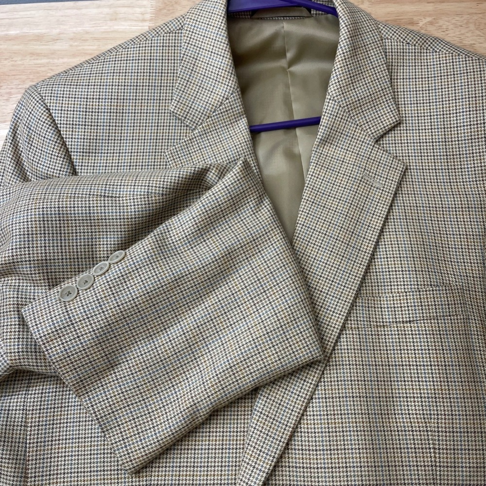 Bill Blass Mens Silk Wool Blend Blazer‎ Jacket Tan Plaid Size L 42